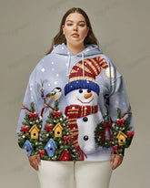 Women's Plus Size Christmas Snowman Long Sleeve Hooded Sweatshirt